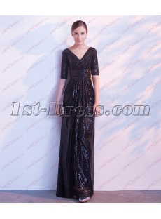 2018 Black Sequins Formal Evening Dress with V-neckline 