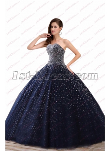 Sparkly Navy Blue Beaded Ball Gown Best Quinceanera Dresses 2018