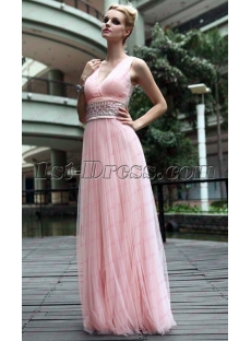 V-neckline Pink Flowy Long Prom Dress under 100