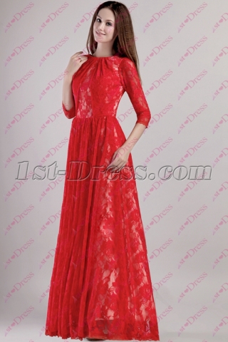 Red Lace Celebrity Dress with Long Sleeves 