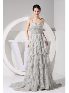 Sexy Silver Grey Sparkly Long Evening Dress with Ruffles Skirt